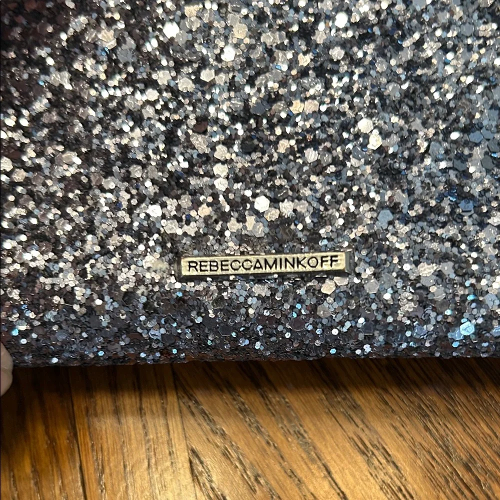 Rebecca Minkoff🩶Silver and Black Sparkle Glitter Leo Clutch/Crossbody  8”W x 4”H